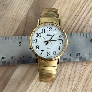 Timex Watch Indiglo Easy Reader White Dial Gold Tone Stainless Stretch Bracelet